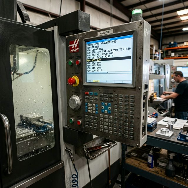 CNC-Bedienfeld mit G-Code-Programmanzeige auf dem Steuerungsbildschirm einer Fräsmaschine